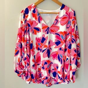 Adrienne Vibrant Floral V-Neck Blouse - Pink and Blue